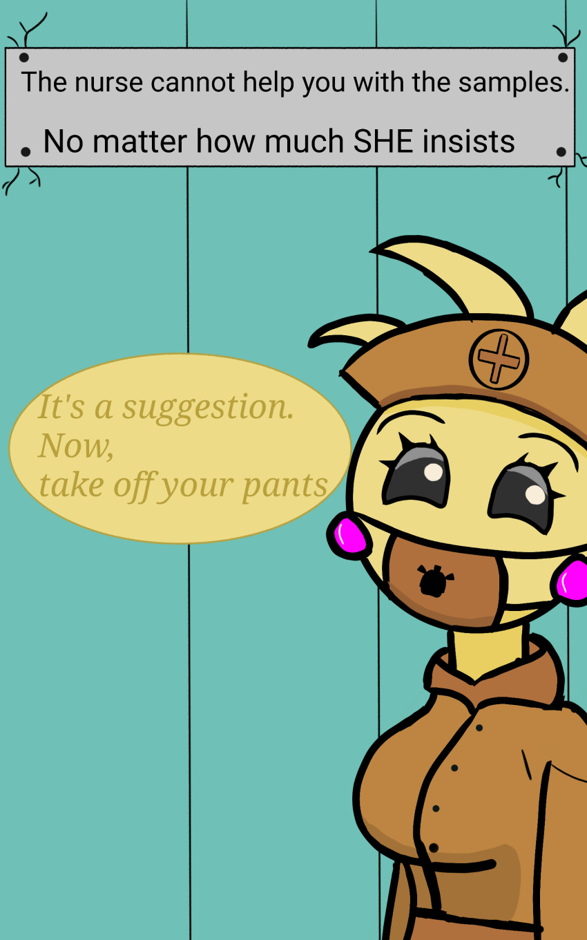 absurd_res animatronic anthro anuvisur_(artist) avian big_breasts bird breasts chicken clothed clothing digital_media_(artwork) english_text face_mask female five_nights_at_freddy's five_nights_at_freddy's_2 galliform gallus_(genus) hat headgear headwear hi_res looking_at_viewer machine mask nurse nurse_clothing nurse_hat nurse_headwear nurse_uniform phasianid robot scottgames simple_background solo text toy_chica_(fnaf) uniform