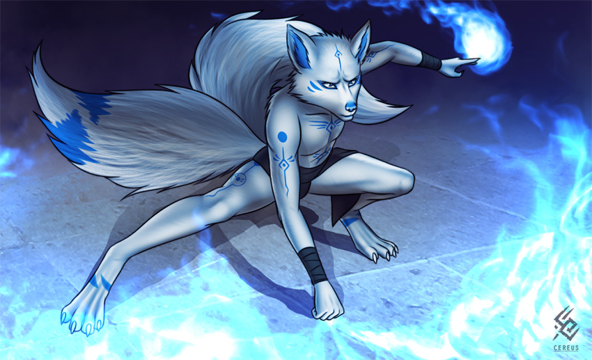 anthro arm_markings arm_wraps artist_logo artist_name blue_eyes blue_inner_ear_fluff blue_markings blue_nose canid cereus93 cheek_tuft clothed clothing elemental_manipulation facial_tuft fire fire_manipulation full-length_portrait fur glistening glistening_eyes inner_ear_fluff leg_markings logo male mammal markings mouth_closed narrowed_eyes portrait shoulder_tuft simple_background solo topless tuft white_body white_fur wraps
