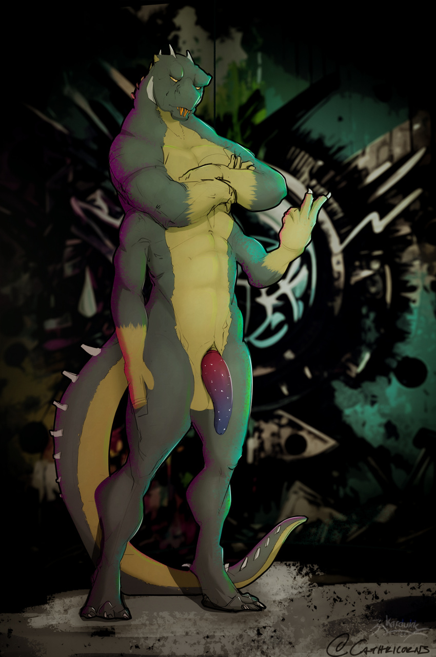 alien anthro cathricorn digital_media_(artwork) flaccid genitals gesture graffiti hi_res hybrid kardukk_(artist) lowius male multi_arm multi_eye multi_limb multicolored_body nude_male olive_body orange_eyes penis pose reptile scalie shaded signature simple_background solo standing tall tongue tongue_out two_tone_body v_sign yellow_body yellow_eyes