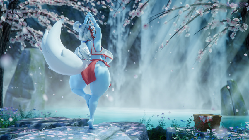 2022 3d_(artwork) absurd_res accessory animal_humanoid artist_name asian_mythology barefoot big_breasts big_butt big_tail blender_(software) blue_body blue_skin bottomwear breasts bubble_butt butt canid canid_humanoid canine canine_humanoid cherry_blossom cherry_blossom_tree cherry_tree clothed clothing crop_top curvaceous curvy_figure daws19 detailed_background digital_media_(artwork) east_asian_mythology eyelashes feet female fingers fluffy fluffy_tail forest fox fox_humanoid fruit_tree hair hair_accessory hair_tie hi_res hourglass_figure huge_breasts huge_butt humanoid japanese_mythology long_hair looking_at_viewer looking_back mammal mammal_humanoid meditation midriff mythology outside petals plant ponytail purple_eyes sarilda_(daws19) shirt skimpy skirt solo suggestive tail thick_thighs toes topwear tree under_boob voluptuous waterfall watermark white_hair wide_hips