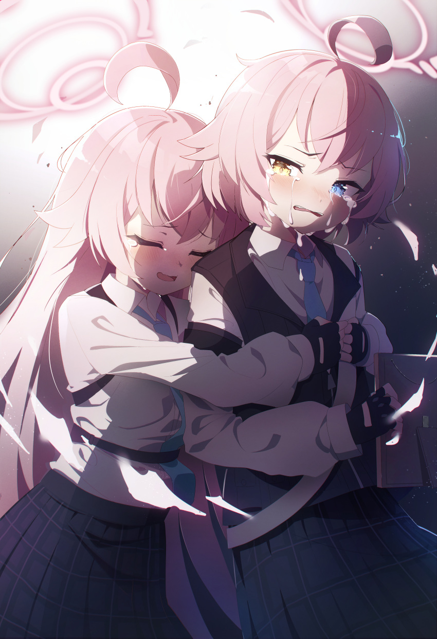 2girls absurdres ahoge armband black_gloves black_skirt black_vest blue_archive blue_eyes blue_necktie closed_eyes collared_shirt crying crying_with_eyes_open dual_persona fingerless_gloves gloves halo heterochromia highres hoshino_(blue_archive) hug hug_from_behind liyom long_hair long_sleeves looking_at_another looking_back multiple_girls necktie open_mouth picture_frame pink_hair plaid plaid_skirt pleated_skirt shirt shirt_tucked_in short_hair skirt streaming_tears tears vest yellow_eyes