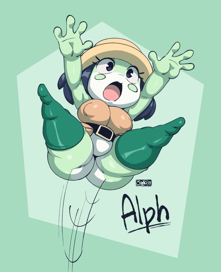 alph_(monnodev) amphibian anthro areola_outline belt big_breasts big_butt black_eyes black_hair bottomless breasts butt clothed clothing english_text female frog hair hat headgear headwear hi_res joaoppereiraus legwear non-mammal_breasts open_mouth shirt solo text thick_thighs thigh_highs topwear
