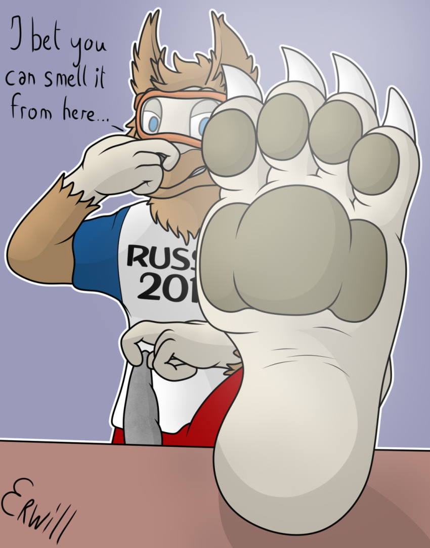 anthro canid canine canis erwill feet fifa foot_focus football_player hi_res male mammal mascot musk pawfeet paws russia smell solo wolf zabivaka