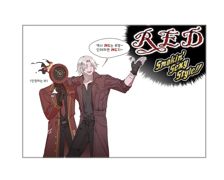 2boys absurdres artist_request bandages belt black_gloves black_pants border clock closed_eyes coat collarbone dante_(devil_may_cry) dante_(limbus_company) devil_may_cry_(series) devil_may_cry_5 fingerless_gloves fire gloves grey_border highres knees_out_of_frame korean_text limbus_company motion_lines multiple_boys necktie non-web_source open_mouth pants project_moon red_coat red_necktie short_hair smile source_request speech_bubble thumbs_up translation_request unbuttoned unbuttoned_shirt white_background white_border white_hair