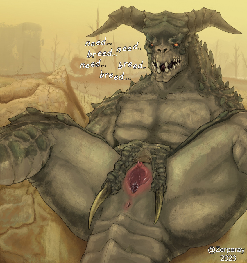 absurd_res bethesda_softworks claws deathclaw fallout female flat_chested genitals hi_res horn humanoid inviting looking_at_viewer monster no_pupils nude on_ground presenting presenting_pussy pussy scales scaly_tail solo spread_pussy spreading tail teeth text wasteland zerperay