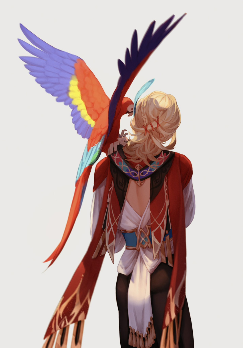 1boy animal_on_shoulder backless_shirt bird bird_on_hand bird_on_shoulder black_pants blonde_hair blurry braid cowboy_shot deathafternoon depth_of_field facing_away feather_hair_ornament feathers flipped_hair from_behind genshin_impact hair_ornament hairclip hand_on_own_shoulder highres kaveh_(genshin_impact) landing long_hair long_sleeves male_focus pants parrot red_scarf sash scarf shirt simple_background single_braid spread_wings tassel tight tight_pants white_background white_shirt x_hair_ornament