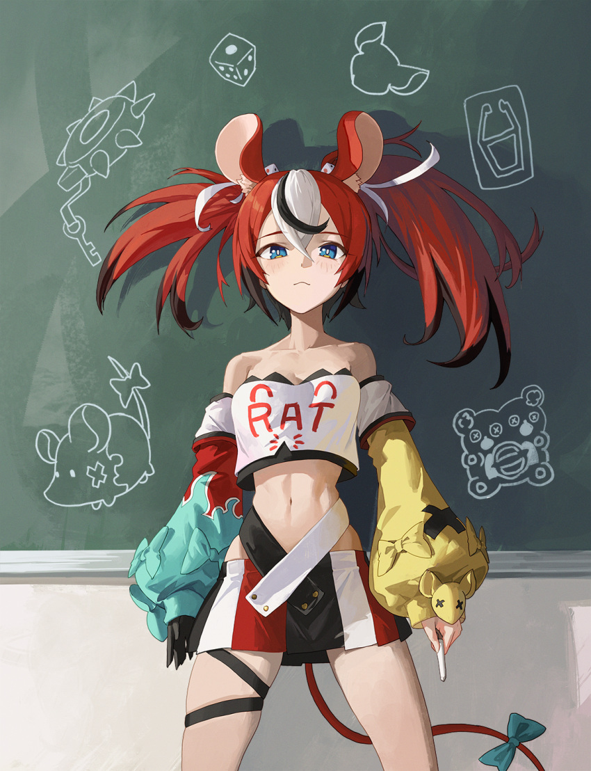 1girl animal_ears bare_shoulders black_hair blue_eyes bow breasts chalkboard closed_mouth crop_top detached_sleeves dice_hair_ornament hair_ornament hakos_baelz highres hololive hololive_english indoors light_frown long_sleeves looking_at_viewer m.q_(mqkyrie) medium_breasts midriff mouse_ears mouse_girl mouse_tail multicolored_clothes multicolored_hair multicolored_skirt navel off-shoulder_shirt off_shoulder print_shirt red_hair shirt skirt standing stomach strapless strapless_shirt streaked_hair tail tail_bow tail_ornament virtual_youtuber white_hair white_shirt