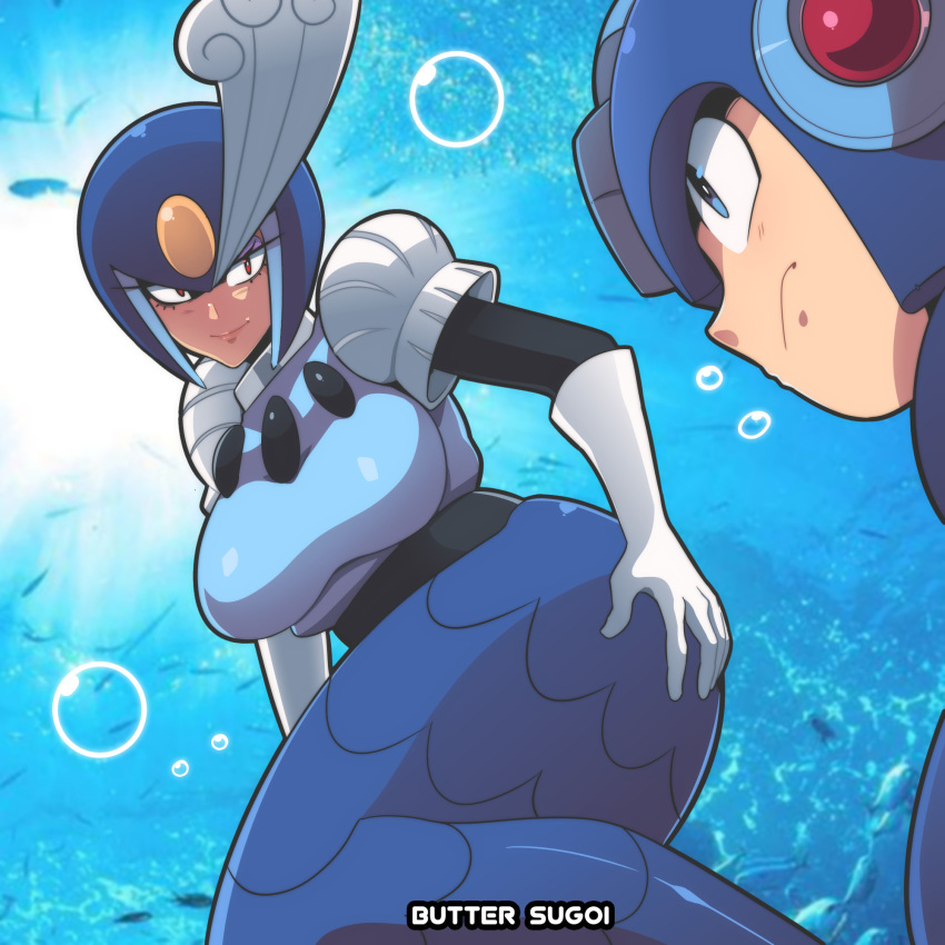 1boy 1girl air_bubble artist_name blue_hair breasts bubble butter_sugoi frown gloves hand_on_own_ass helmet highres large_breasts mega_man_(character) mega_man_(classic) mega_man_(series) mega_man_9 mermaid monster_girl photo_background red_hair splash_woman underwater white_gloves