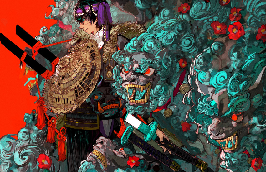 1boy armor bangs black_hair black_nails blood blood_on_face camellia closed_mouth creature flower from_side green_eyes hat hat_removed headband headwear_removed highres japanese_armor looking_away mask mask_removed monster multiple_swords oni_mask original profile red_background red_flower rope sheath short_hair smile standing straw_cape straw_hat tassel unrefle unsheathing weapon