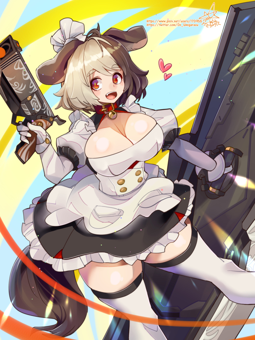 1girl animal_ears bangs black_hair black_skirt blue_background breasts cleavage collar dog_ears dog_girl dog_tail gun hachiko_of_castling heart highres holding holding_gun holding_weapon juliet_sleeves large_breasts last_origin long_sleeves looking_at_viewer multicolored_hair open_mouth pixiv_id puffy_sleeves red_collar short_hair signature skirt solo split-color_hair tail teeth thighhighs twitter_username two-tone_background two-tone_hair umigarasu_(kitsune1963) upper_teeth_only weapon white_hair white_thighhighs yellow_background