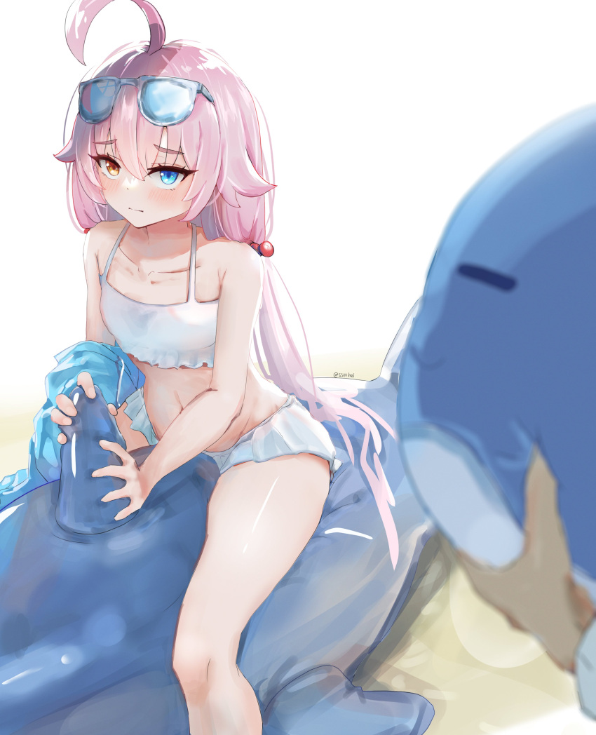 1girl absurdres ahoge beach bikini blue_archive blue_eyes eyewear_on_head hair_bobbles hair_ornament heterochromia highres hoshino_(blue_archive) hoshino_(swimsuit)_(blue_archive) inflatable_toy inflatable_whale low_twintails pink_hair self-upload sitting sitting_on_object sstthei sunglasses swimsuit twintails white_bikini yellow_eyes