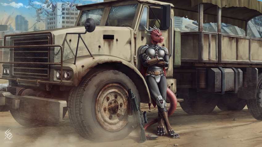 anthro armor artist_logo artist_name blue_sky bottomwear building cereus93 clothed clothing cloud crossed_arms female full-length_portrait grey_bottomwear grey_clothing grey_pants gun horn logo mouth_closed outside pants portrait post-apocalyptic ranged_weapon red_body red_eyes rifle scalie sky solo standing truck weapon white_armor white_horn