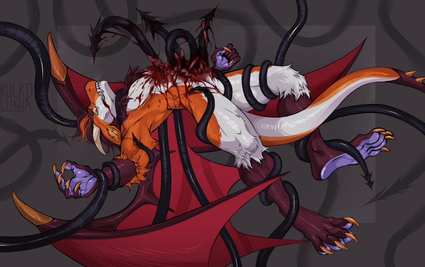 absurd_res agony anthro blood bodily_fluids dragon feet gore hi_res intestinal kolkolukija macabre male organs pain paws solo tearing tentacles xenophilia