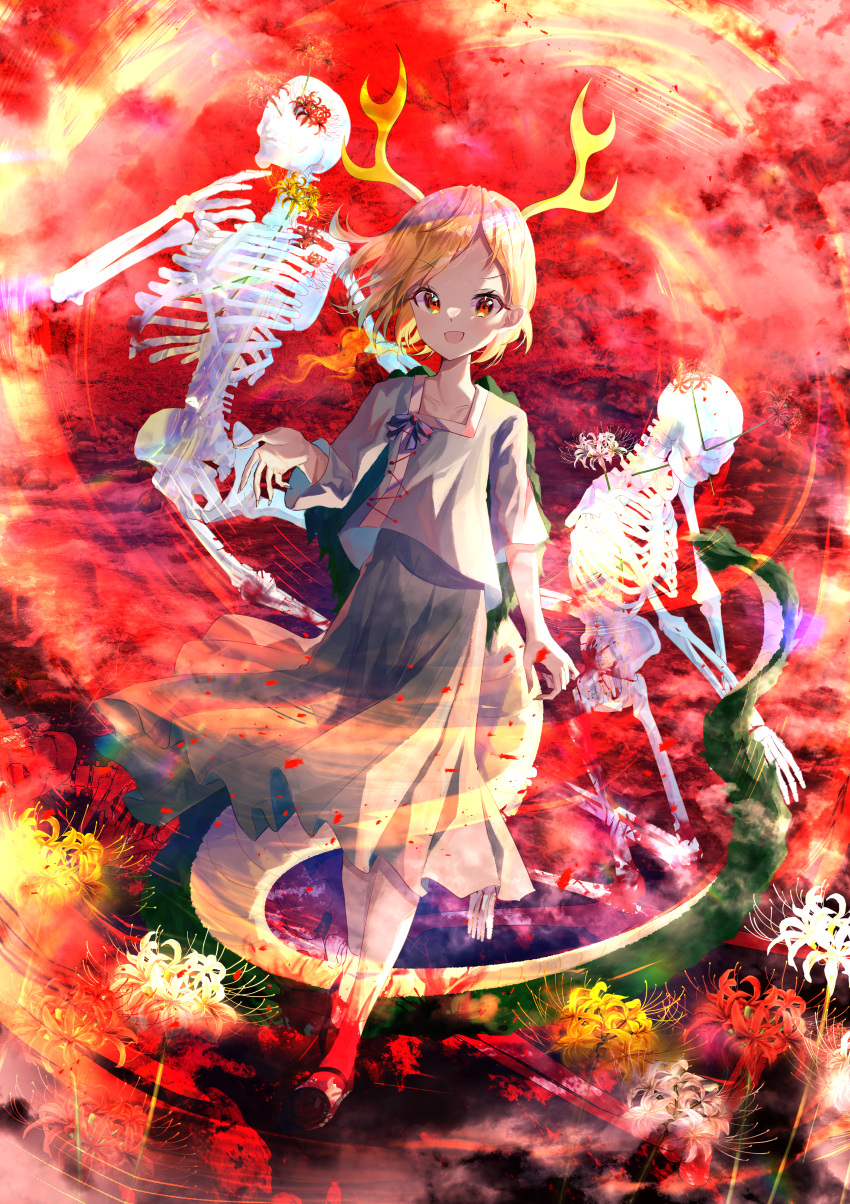 1girl :d absurdres bangs black_footwear blonde_hair blue_shirt dragon_horns dragon_tail flower full_body green_skirt highres horns kicchou_yachie looking_at_viewer nettian51 open_mouth red_background red_eyes shirt short_hair skeleton skirt smile solo spider_lily tail touhou