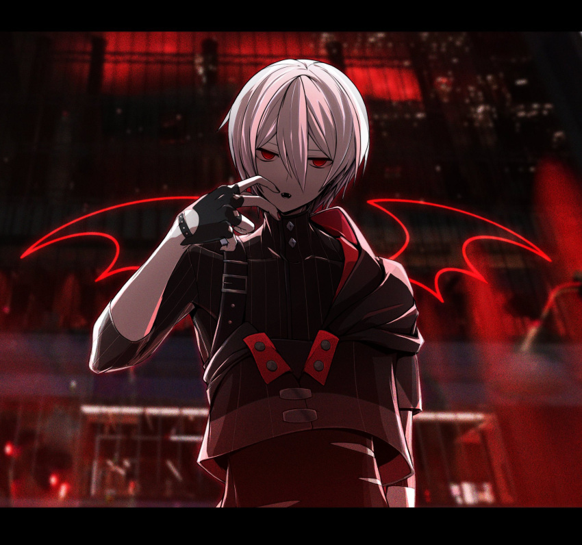 #compass 1boy black_gloves character_request commentary fingerless_gloves gloves highres ksendagaya male_focus open_mouth red_eyes solo symbol-only_commentary vampire white_hair