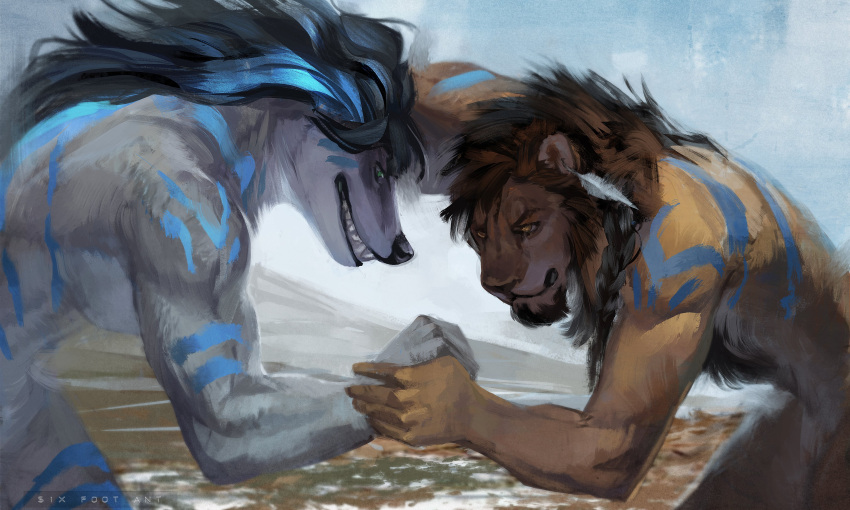 2019 5_fingers absurd_res anthro anthro_on_anthro arm_markings athletic athletic_anthro athletic_female athletic_male back_markings badger black_hair black_nose blue_highlights blue_markings body_hair bodypaint breasts brown_body brown_fur brown_hair bryana_o_hanluain chest_hair duo ear_piercing european_badger eye_contact feather_earring felid female fight fingers fur grappling grey_body grey_fur grin hair hi_res highlights_(coloring) humanoid_hands jazlion leg_markings lion looking_at_another male male/female mammal markings meles multicolored_body multicolored_fur mustelid musteline nude outside pantherine piercing shoulder_markings sixfoot smile teeth thigh_markings tundra two_tone_body two_tone_fur war_paint white_body white_fur wrestling