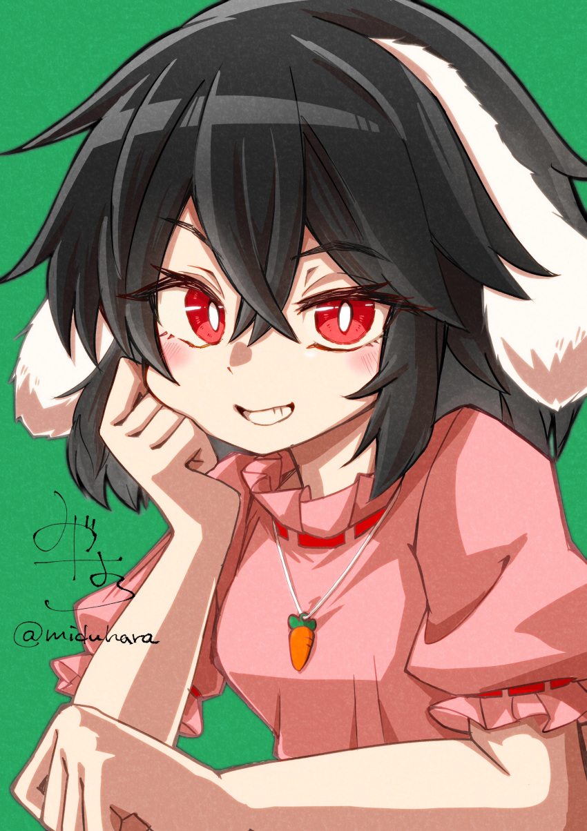 1girl absurdres animal_ears black_hair breasts carrot_necklace dress frilled_sleeves frills green_background hair_between_eyes hand_on_own_cheek hand_on_own_face highres inaba_tewi jewelry looking_at_viewer medium_hair mizuhara_(pix_ivi_xiq) necklace open_mouth pink_dress puffy_short_sleeves puffy_sleeves rabbit_ears rabbit_girl red_eyes red_ribbon ribbon ribbon-trimmed_sleeves ribbon_trim short_sleeves simple_background small_breasts solo teeth touhou twitter_username upper_body