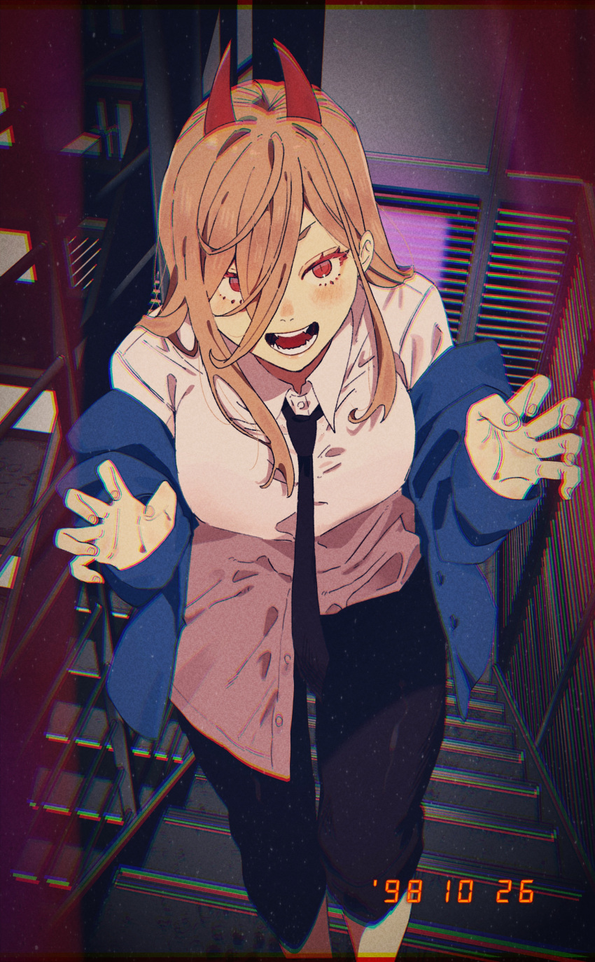 1girl absurdres black_necktie black_pants blue_jacket brown_hair chainsaw_man chromatic_aberration claw_pose collared_shirt diffraction_spikes hair_between_eyes hair_over_one_eye highres horns jacket long_hair looking_at_viewer momokan_(meloco) necktie off_shoulder open_mouth pants power_(chainsaw_man) red_eyes red_horns shirt shirt_partially_tucked_in slit_pupils smile solo white_shirt
