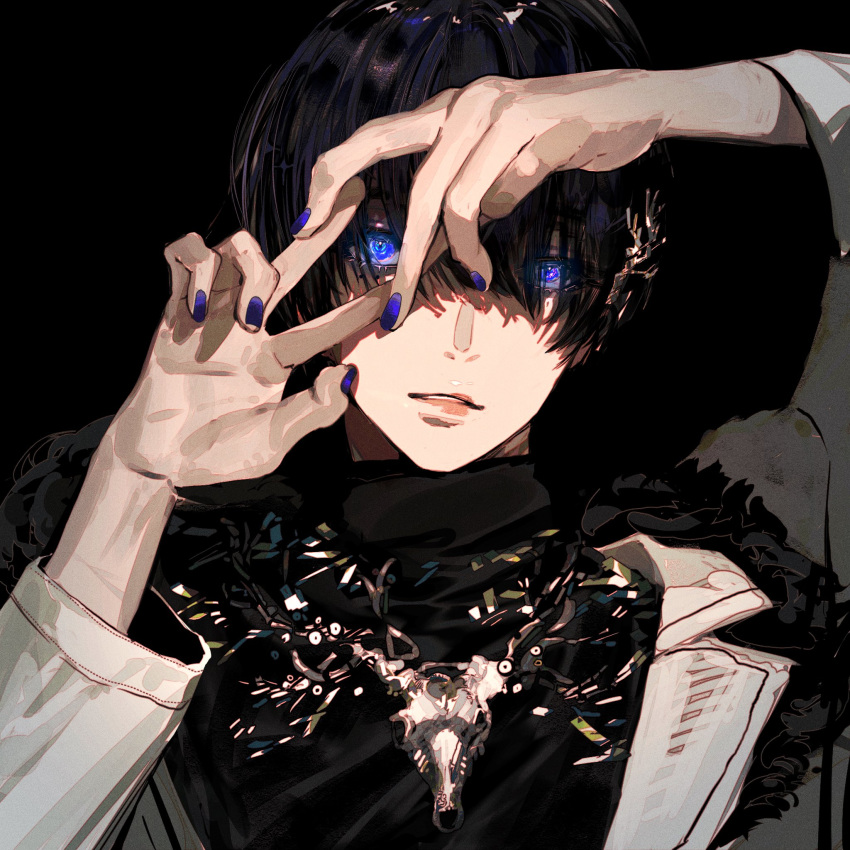 1boy animal_skull bangs black_background black_hair black_shirt blue_eyes blue_nails character_request hair_ornament hair_over_one_eye hands_up highres jacket long_sleeves male_focus nail_polish parted_lips peeking_through_fingers portrait shirt short_hair simple_background solo unrefle utaite_(singer) white_jacket youtube