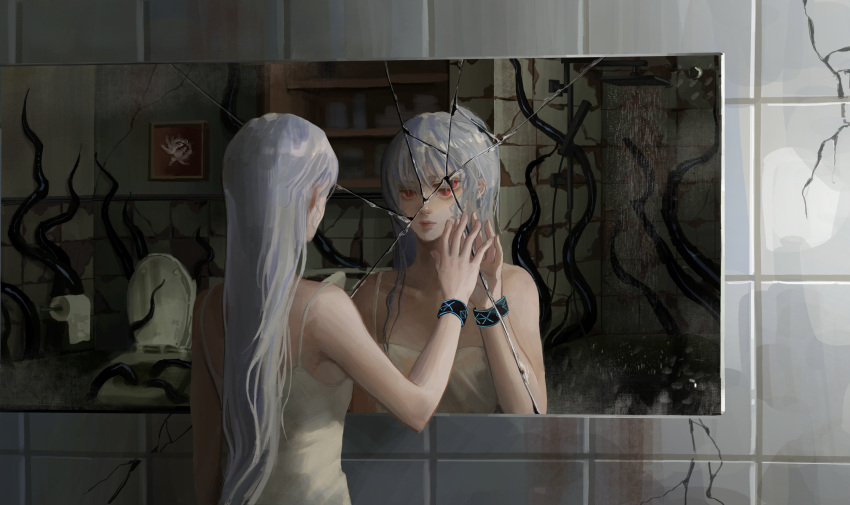 1girl absurdres arknights bathroom broken_mirror chinese_commentary closed_mouth commentary_request crack dress expressionless grey_hair hair_between_eyes hand_up highres indoors infection_monitor_(arknights) lips long_hair looking_at_mirror mirror painting_(object) red_eyes reflection shelf skadi_(arknights) sodiumcc solo spaghetti_strap tentacles toilet toilet_paper upper_body white_dress