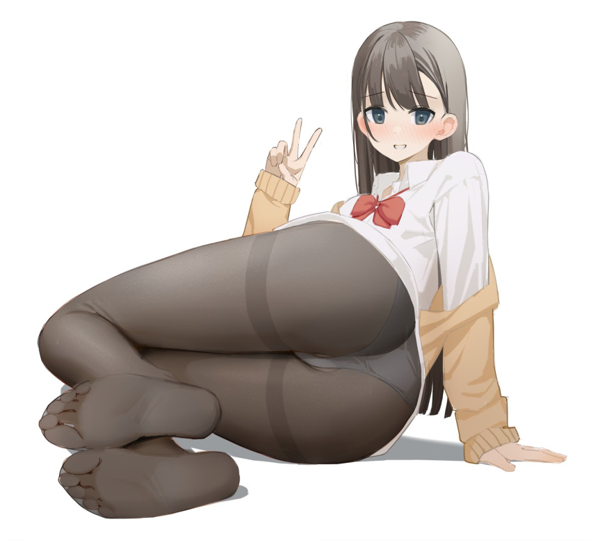 1girl arm_support ass bangs black_pantyhose blush bow bowtie brown_hair cardigan clenched_teeth collared_shirt commentary_request feet foreshortening full_body hand_up highres legs legs_together long_hair long_sleeves looking_at_viewer lying no_pants no_shoes off_shoulder on_side original panties panties_under_pantyhose pantyhose red_bow red_bowtie school_uniform shadow shirt simple_background soles solo teeth thighs toes underwear v white_background white_panties white_shirt yuu_(yuu_ammy)