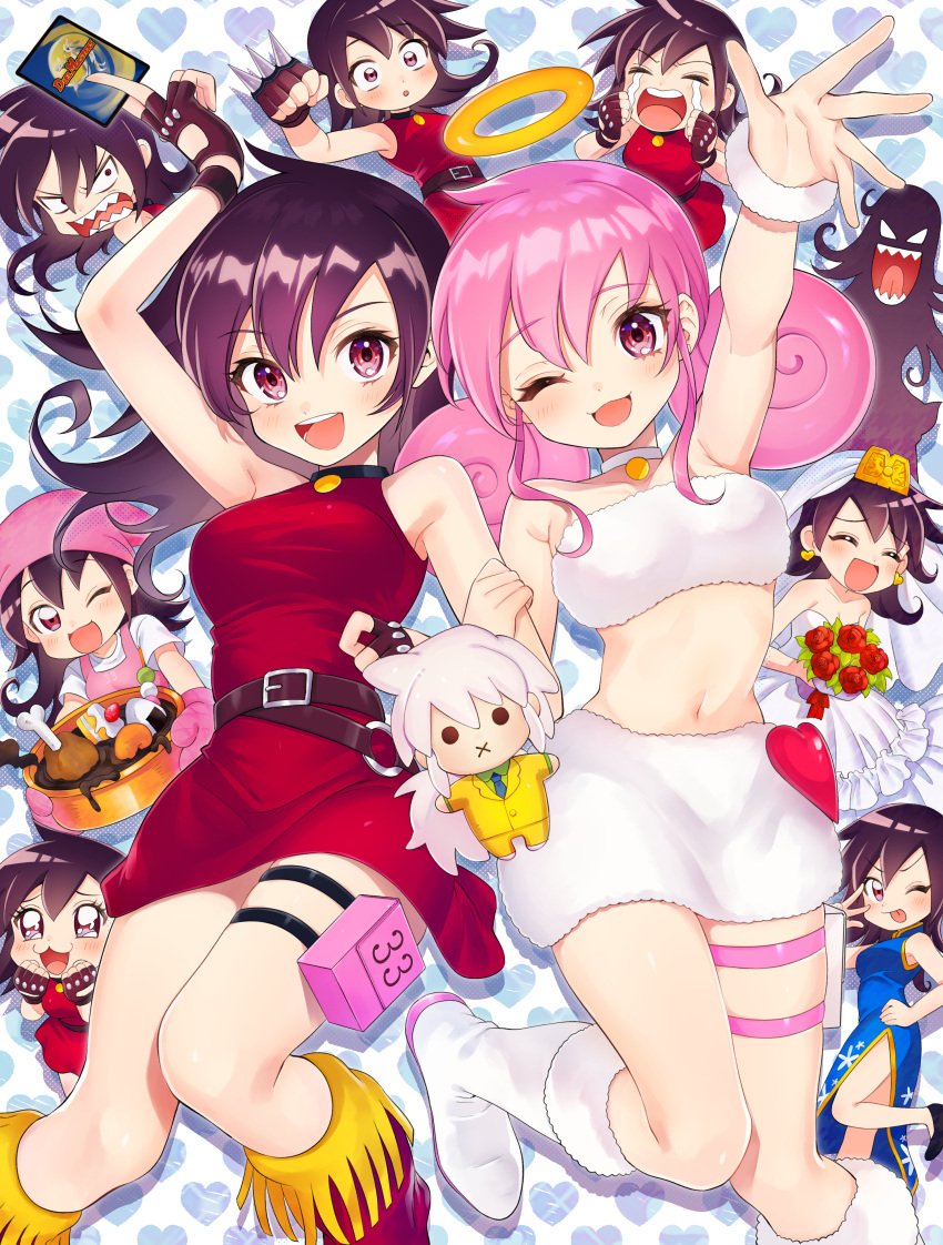 6+girls absurdres black_gloves buttons cake cake_slice card chicken_(food) chinese_clothes dango doughnut dress duel_masters flower food formal gloves halo heart_button highres kosi multiple_girls onigiri pink_hair purple_eyes purple_hair red_dress red_flower red_rose rose skirt suit tasogare_mimi wagashi white_footwear white_hair white_skirt yellow_suit