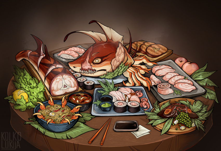 anthro beef cooking death dish dishes female fin fish food fruit gore grill kolkolukija leaf lemon marine meat noodles peach_(fruit) plant plate ramen sashimi sauce shark shark_tail solo steak sushi