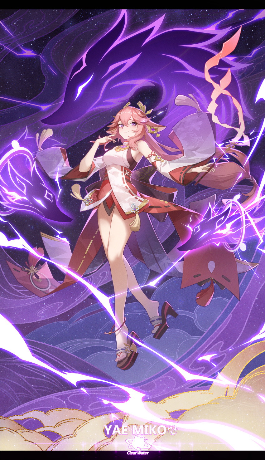 1girl absurdres artist_name bangs bare_legs bare_shoulders character_name clear_water closed_mouth commentary_request earrings electricity floppy_ears fox full_body genshin_impact gohei highres holding holding_gohei jewelry long_hair looking_at_viewer nail_polish pink_hair pink_nails purple_eyes red_skirt sandals shirt skirt sleeveless sleeveless_shirt smile solo tassel toenail_polish toenails very_long_hair white_sleeves wide_sleeves yae_miko