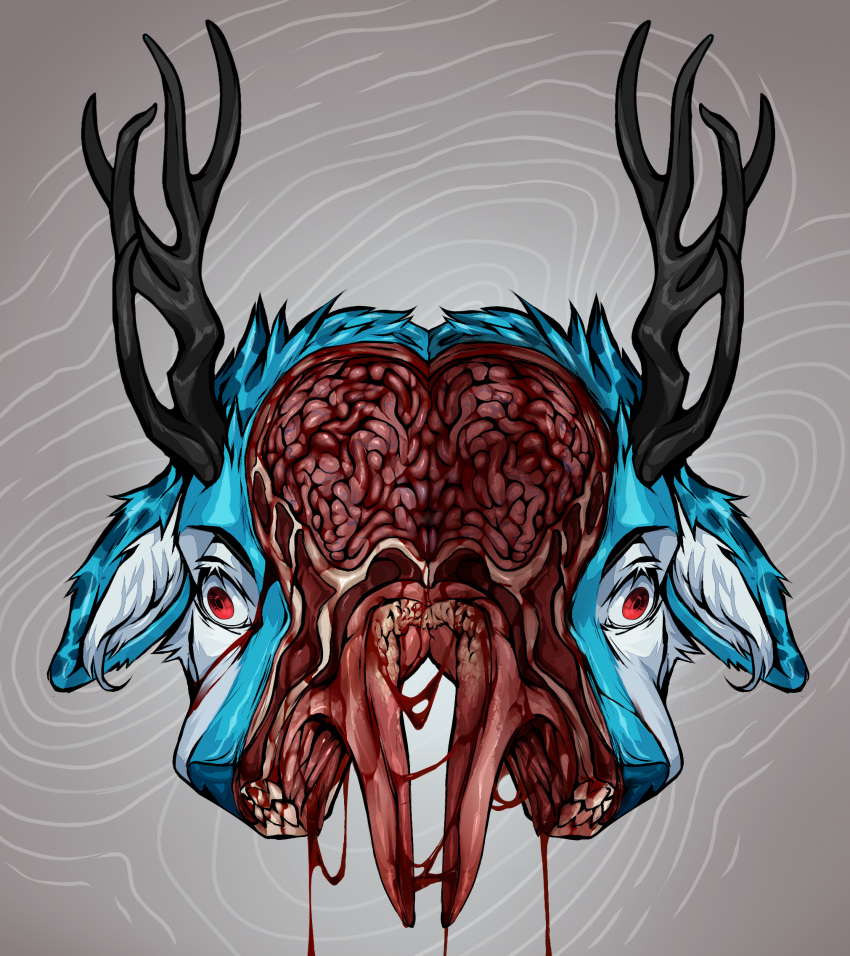 anthro blood blue_body blue_fur bodily_fluids bone brain brains corpse death decapitation deer dots fur gore headache hi_res horn kolkolukija long_tongue male mammal mouth_shot open_mouth organs pink_tongue red_eyes solo surgical_operation tongue tongue_out