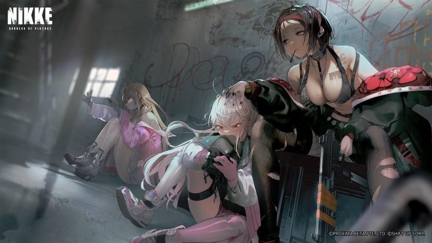 3girls alley bangs bare_shoulders bikini biting black_bikini black_hair black_nails black_tank_top blurry blurry_background breasts choker coat copyright_name crow_(nikke) ear_piercing fishnet_pantyhose fishnets gloves goddess_of_victory:_nikke graffiti gun hand_on_another's_head highres holding holding_gun holding_weapon horns indoors jackal_(nikke) jacket kaede_(sayappa) large_breasts leaning_forward long_hair looking_to_the_side mouth_hold multiple_girls official_art open_clothes open_coat pantyhose piercing pink_gloves pink_jacket shoes single_thighhigh sitting sneakers swimsuit tank_top tattoo thigh_strap thighhighs thighs v-shaped_eyebrows viper_(nikke) weapon window