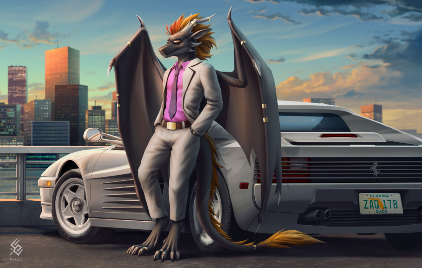 anthro artist_logo artist_name black_necktie blonde_hair blue_sky bottomwear brown_belt building cereus93 clothed clothing cloud dragon eyewear ferrari full-length_portrait grey_wings hair hand_in_pocket logo male membrane_(anatomy) membranous_wings multicolored_hair necktie obscured_eyes orange_hair outside pants pink_clothing pink_topwear pockets portrait sky solo standing sunglasses tail tail_tuft topwear tuft two_tone_hair white_bottomwear white_clothing white_pants wings