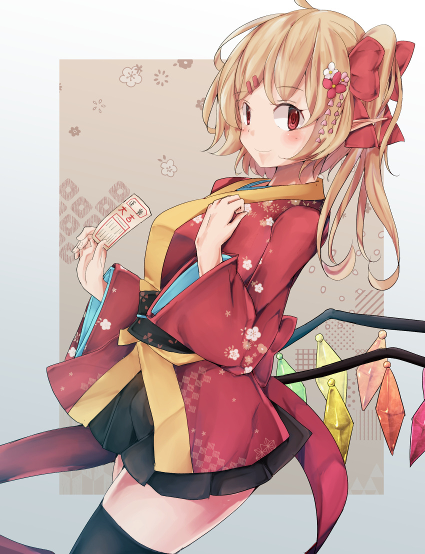 1girl absurdres bangs black_thighhighs blonde_hair blush border bow closed_mouth cowboy_shot crystal fang flandre_scarlet hair_bow highres japanese_clothes jyaoh0731 kimono looking_at_viewer medium_hair no_headwear red_bow red_eyes red_kimono smile solo thighhighs touhou white_border wings