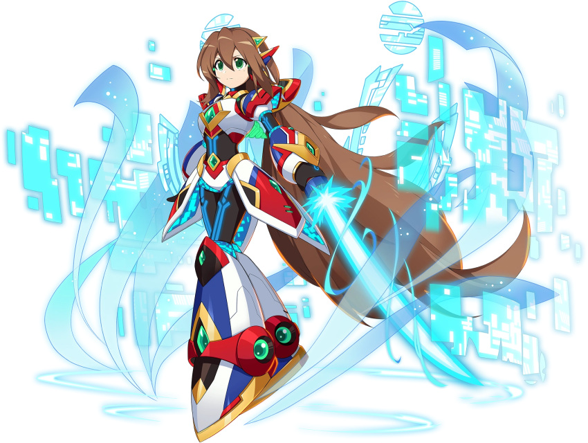 1girl alternate_costume android armor bangs bodysuit brown_hair closed_mouth energy_sword faulds full_body green_eyes hair_ornament highres holding holding_weapon hologram iris_(mega_man) joints long_hair looking_away mega_man_(series) mega_man_x4 mega_man_x_(series) mega_man_x_dive mizuno_keisuke neon_trim official_art pauldrons robot_joints serious shoulder_armor sword transparent_background very_long_hair weapon