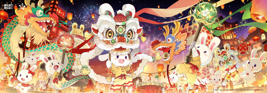 absurd_res ambiguous_gender anthro asian_clothing biped bow_ribbon chinese_clothing chinese_new_year chinese_zodiac clothed clothing east_asian_clothing eyewear fireworks glasses group hi_res lagomorph leporid lion_dance mammal official_art open_mouth open_smile rabbit smile unknown_artist wearing_glasses year_hare_affair year_of_the_rabbit