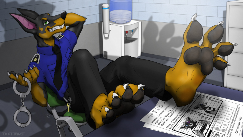 2022 4_toes 5_fingers absurd_res anthro barefoot cabinet canid canine canis chair claws clothing connor_(foot-paws) cuff_(restraint) diesel_(foot-paws) domestic_dog feet finger_claws fingers floor foot-paws foot_fetish foot_focus fur furniture handcuffs hi_res inside long_ears looking_at_viewer lying male mammal metal_cuffs nails necktie pawpads paws plantigrade police police_dog police_officer police_uniform prick_ears procyonid raccoon restraints shadow sharp_claws sharp_nails sharp_teeth smile snout solo table teeth teeth_showing toe_claws toes uniform wall_(structure) water water_dispenser