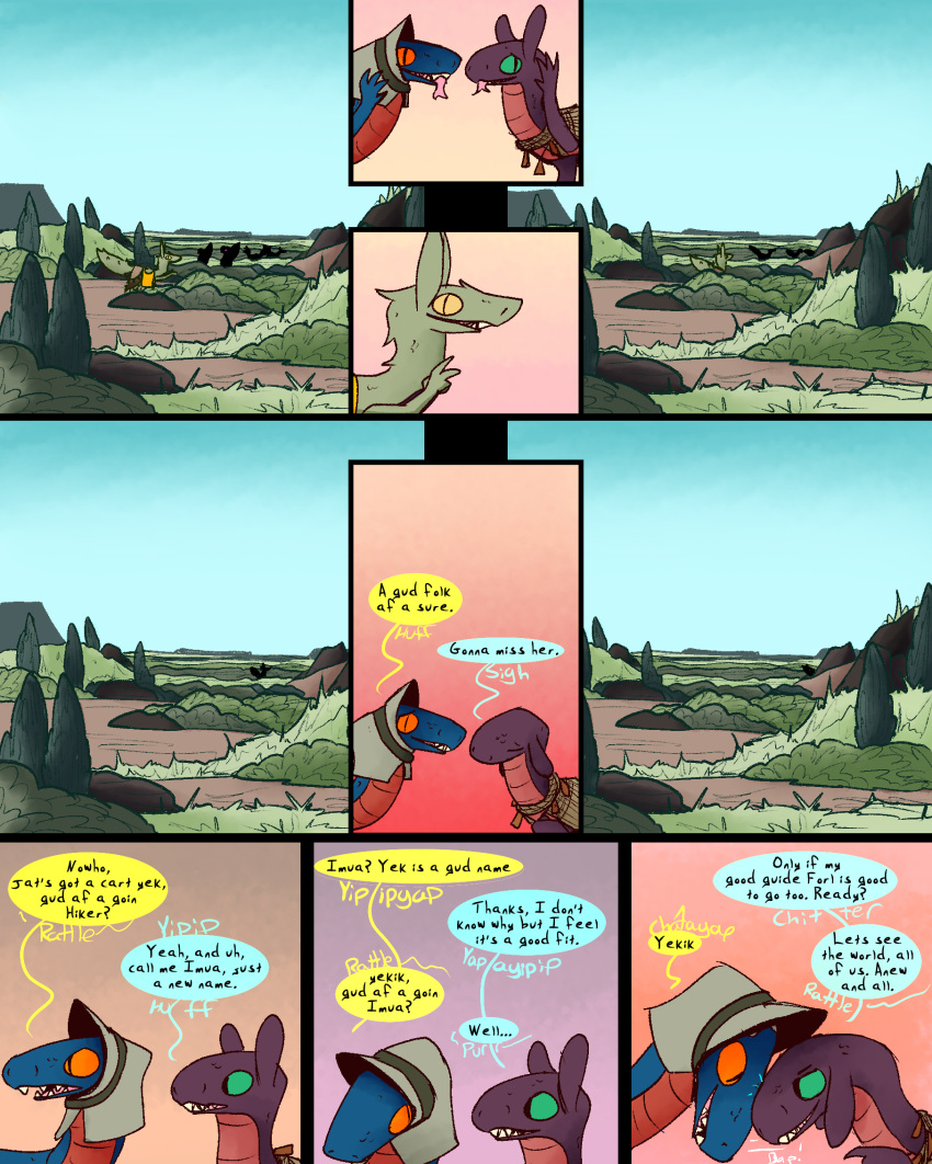 afternoon comic desert dinosaur dragon dragonscape drekir dromaeosaurid embrace female feral forl_(thepatchedragon) goodbye hi_res hiker_(thepatchedragon) male nuzzling post-apocalyptic ralan_(thepatchedragon) reptile scalie text thepatchedragon theropod tribal tribal_clothing