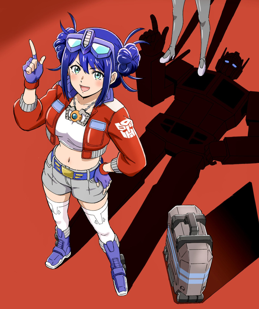2girls autobot blue_footwear blue_gloves blue_hair boots breasts briefcase collarbone cropped_jacket cropped_shirt different_shadow double_bun eyewear_on_head finger_gun fingerless_gloves from_above glasses gloves grey_gloves hair_bun hand_on_hip highres humanization jacket jewelry kotobukiya_bishoujo kumakomagoma matrix_of_leadership mecha medium_breasts megatron megatron_(kotobukiya_bishoujo) midriff multiple_girls navel necklace optimus_prime optimus_prime_(kotobukiya_bishoujo) pointing pointing_up red_jacket robot smile solo_focus thighhighs transformers white_thighhighs