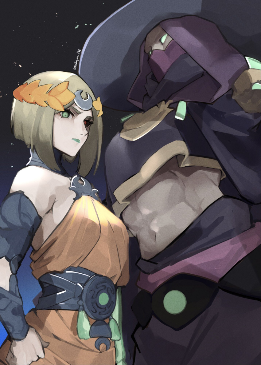 2girls abs animification aqua_eyes aqua_lips aqua_skin bare_shoulders black_headwear black_sclera blonde_hair closed_mouth colored_sclera colored_skin crescent dress grey_skin hades_(series) hades_2 halter_dress halterneck hand_on_hip hat hecate_(hades) heterochromia highres hood hood_up laurel_crown lips mask melinoe_(hades) mismatched_sclera mouth_mask multicolored_skin multiple_girls muscular muscular_female navel orange_dress sash seinikuten short_hair skeletal_arm solid_eyes translucent_skin twitter_username two-tone_skin