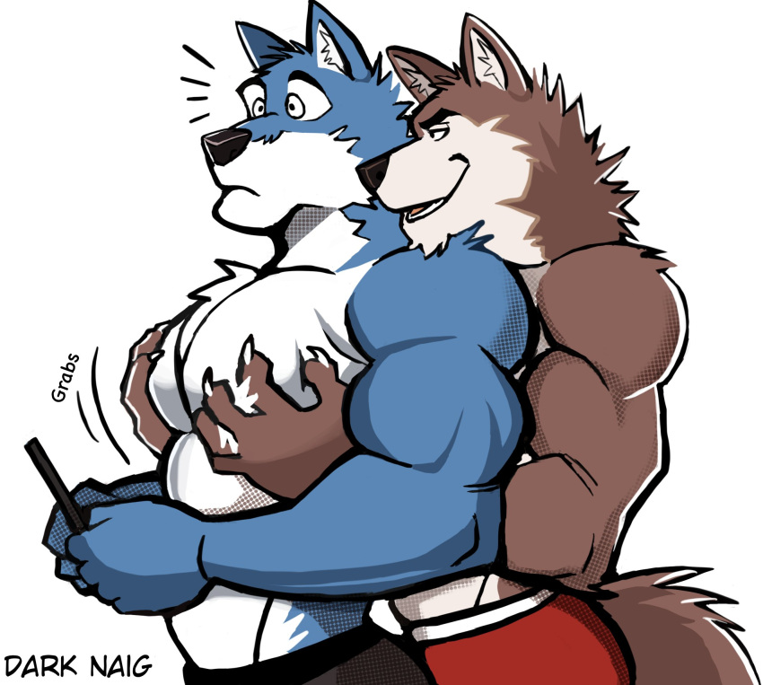 2023 anthro anthro_on_anthro artist_name barazoku biceps big_muscles big_pecs canid canine canis cellphone claws clothed clothing darknaigart duo emanata english_text eyebrows frown fur hand_on_chest hand_on_pecs hi_res male male/male mammal motion_lines muscular muscular_anthro muscular_male narrowed_eyes onomatopoeia pec_grab pecs phone reach_around simple_background smartphone smile sound_effects standing surprise text topless topless_anthro topless_male tuft underwear underwear_only white_background wolf