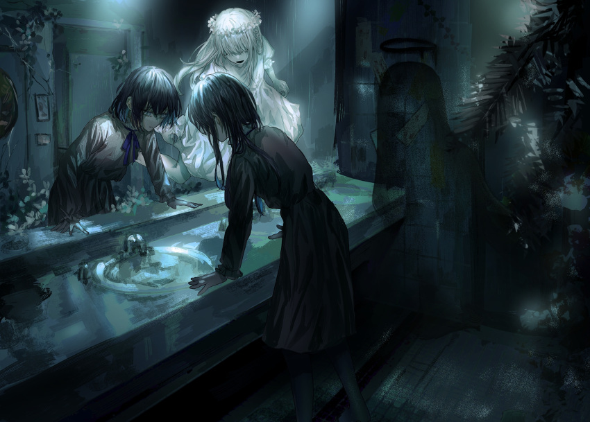 2girls arm_support asano_(kazusasn) bangs bathroom black_dress black_hair black_mouth blue_ribbon bright_pupils closed_eyes cracked_glass dark_halo different_reflection dress expressionless eyelashes faucet feet_out_of_frame fern floating foliage ghost grey_eyes halo head_wreath highres horror_(theme) leaning_forward leaning_on_object long_hair long_sleeves looking_at_another looking_down melting_halo mirror moss multiple_girls neck_ribbon original overgrown pale_skin puffy_short_sleeves puffy_sleeves reflection ribbon ruins short_hair short_sleeves silhouette sink transparent white_dress white_hair white_pupils