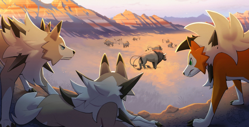 3_tails ambiguous_gender black_nose blue_eyes brown_body brown_fur canid canine cheek_tuft claws day digitigrade dusk_lycanroc facial_tuft fangs feral field finger_claws fur generation_1_pokemon generation_7_pokemon gloves_(marking) grass green_eyes group hi_res leg_markings looking_at_another lycanroc lying mammal markings midday_lycanroc mountain multi_tail nintendo on_front orange_body orange_fur outside plant pokemon pokemon_(species) quadruped shaded sky snout socks_(marking) standing tail tail_tuft tauros teeth toe_claws tuft twistedhound watermark white_body white_fur