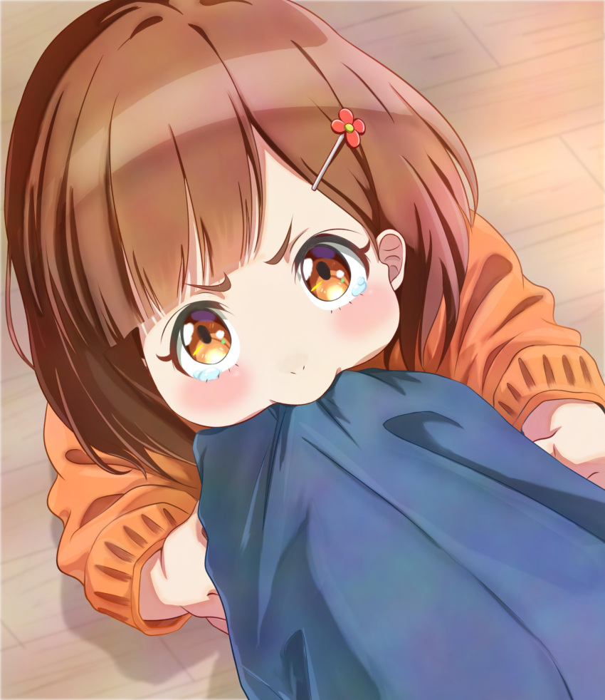 1girl absurdres blush brown_eyes brown_hair buddy_daddies child from_above hair_ornament hairclip highres indoors long_sleeves looking_at_viewer orange_shirt pout shirt short_hair tearing_up tenma_no_atelier unasaka_miri