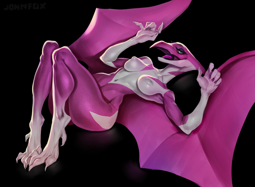 2023 anthro areola breasts dinosaur dromaeosaurid female green_eyes johnfoxart looking_at_viewer membrane_(anatomy) membranous_wings mighty_morphin_power_rangers multicolored_body navel nipples nude open_mouth open_smile purple_body reptile scalie simple_background smile solo theropod two_tone_body white_body wings