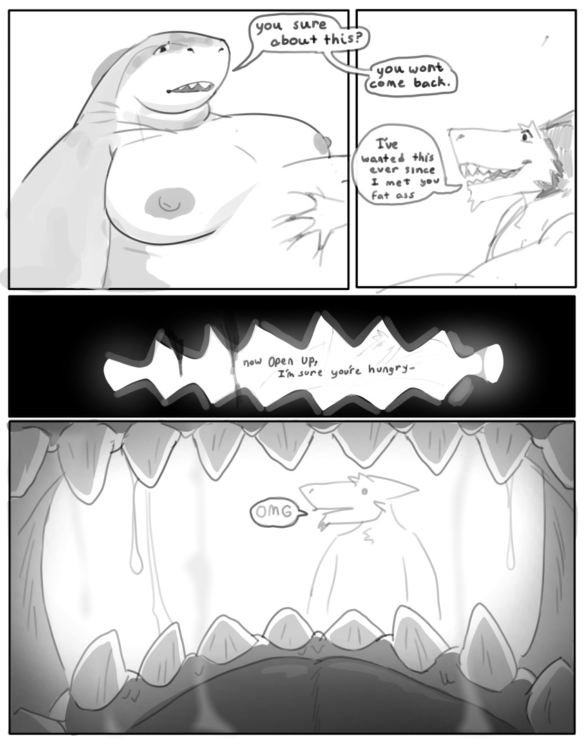 absurd_res black_and_white chunkolilt_(artist) clothing comic duo english_text fish friends hi_res male male/male marine monochrome open_mouth questionable_consent safe_vore sergal shark text text_on_clothing vore willing_prey