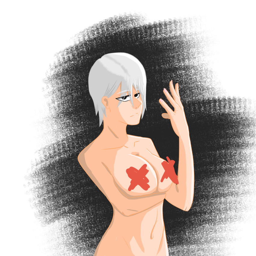 1girl breasts censored empty_eyes hand_up highres huge_breasts looking_at_viewer navel non-web_source nude original white_hair