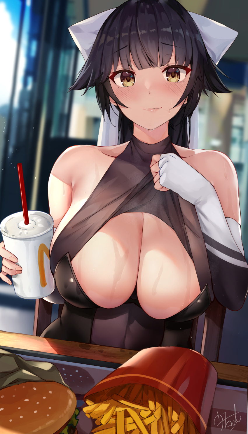 1girl absurdres azur_lane bangs bare_shoulders black_hair black_leotard blunt_bangs blurry blurry_background blush bow breasts burger chair cleavage clothes_lift collarbone commentary_request elbow_gloves fast_food food french_fries gloves hair_bow highres indoors large_breasts leotard lifted_by_self long_hair looking_at_viewer mcdonald's ponytail pov_across_table race_queen signature sitting solo strapless strapless_leotard table takao_(azur_lane) takao_(full_throttle_charmer)_(azur_lane) tray u_ronnta upper_body very_long_hair wet white_bow white_gloves yellow_eyes