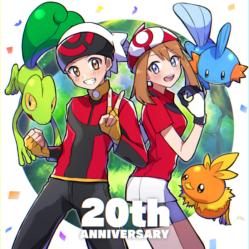 1boy 1girl anniversary bandana bangs black_gloves black_pants black_shorts blue_eyes blush brendan_(pokemon) brown_eyes brown_hair confetti fingerless_gloves gloves hat highres long_sleeves looking_at_viewer may_(pokemon) mudkip open_mouth pants pokemon pokemon_(creature) pokemon_(game) pokemon_rse red_bandana red_shirt rrrisyf shirt shorts torchic treecko two-tone_gloves v white_gloves white_headwear yellow_gloves