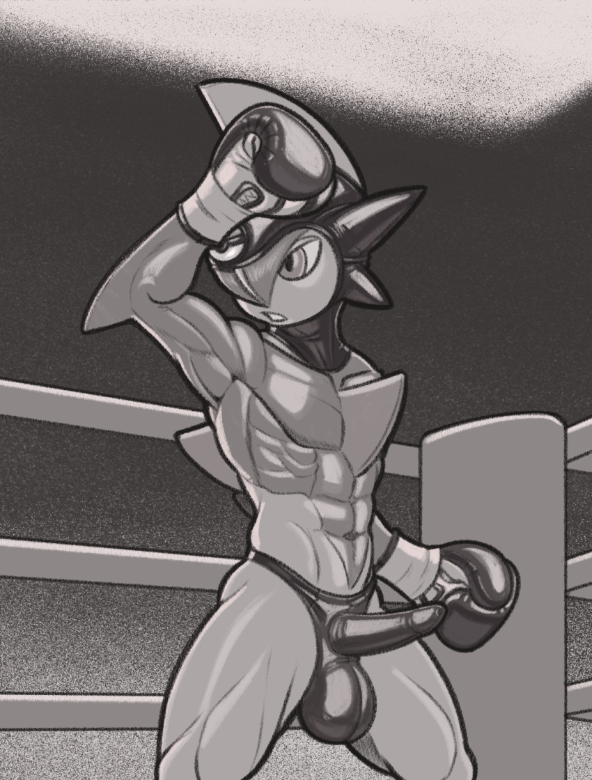 2023 anthro ballboxing balls_outline boxing boxing_gloves bulge clothed clothing dcheese detailed_bulge digital_media_(artwork) erection erection_under_clothing fighting_ring gallade generation_4_pokemon genital_outline genitals handwear hi_res leather leather_clothing leather_headgear male monochrome muscular muscular_male nintendo penis pokemon pokemon_(species) solo sport thong underwear