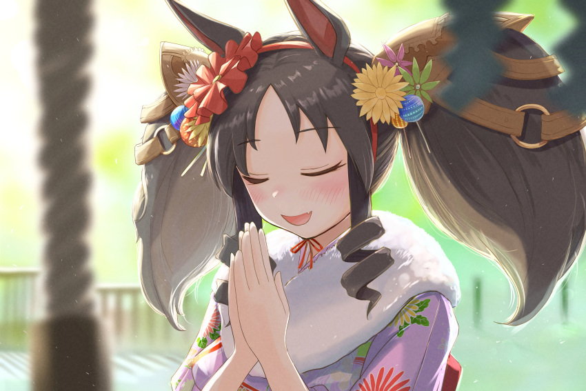 1girl absurdres animal_ears blurry blurry_background blurry_foreground closed_eyes day fang floral_print flower hair_flower hair_ornament hairband hatsumoude highres horse_ears inuyamatarou japanese_clothes kimono long_hair marvelous_sunday_(umamusume) new_year open_mouth outdoors palms_together praying purple_kimono ringlets skin_fang smile solo textless_version twintails umamusume upper_body