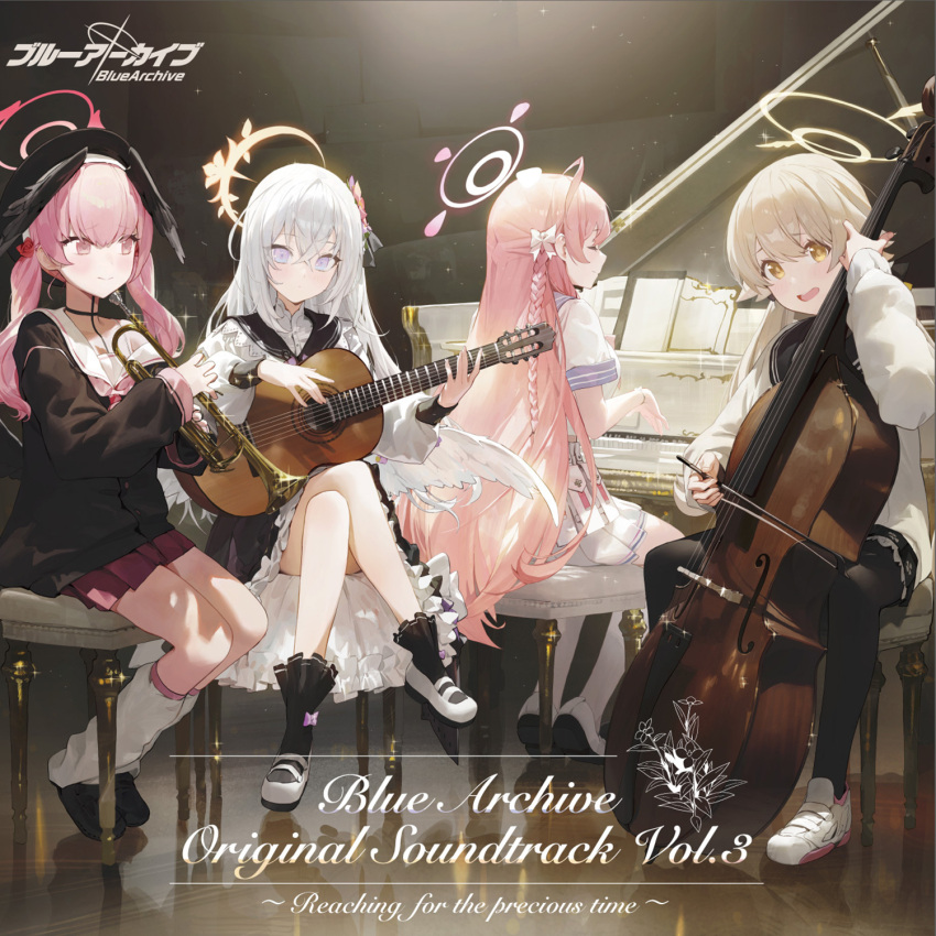 4girls album_cover artist_request azusa_(blue_archive) bangs black_headwear black_pantyhose black_wings blue_archive blush bow braid closed_eyes closed_mouth cover crossed_bangs crossed_legs dress frilled_dress frills grand_piano grey_hair guitar hair_between_eyes hair_bow halo hanako_(blue_archive) hat head_wings hifumi_(blue_archive) highres holding holding_instrument instrument koharu_(blue_archive) leg_warmers light_brown_hair long_hair long_sleeves looking_at_viewer multiple_girls music off_shoulder official_art open_mouth pantyhose piano pink_eyes pink_hair playing_instrument pleated_skirt sailor_collar school_uniform serafuku short_sleeves side_braid sitting skirt stool thighhighs twintails white_bow white_sailor_collar white_thighhighs white_wings wings yellow_eyes